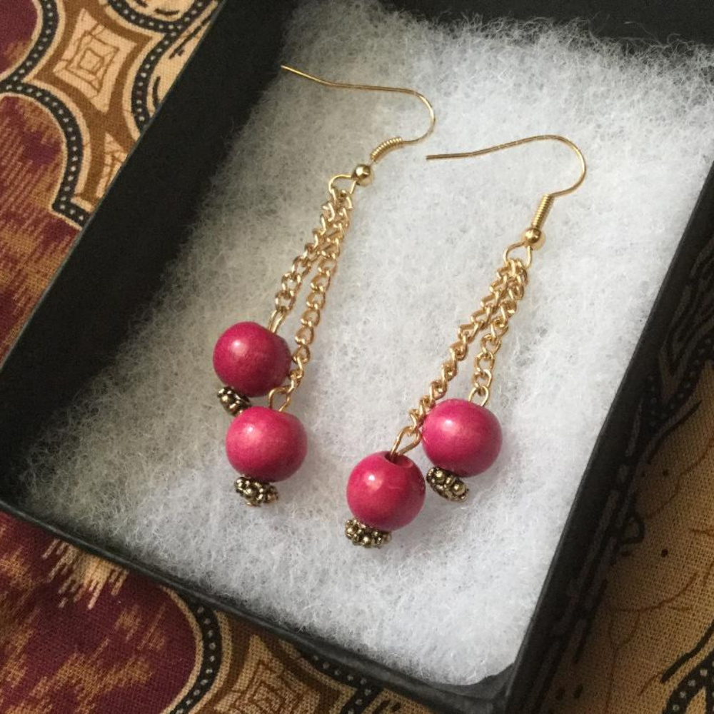 NEW Boho Wood Dangle Earrings- Gold Tone